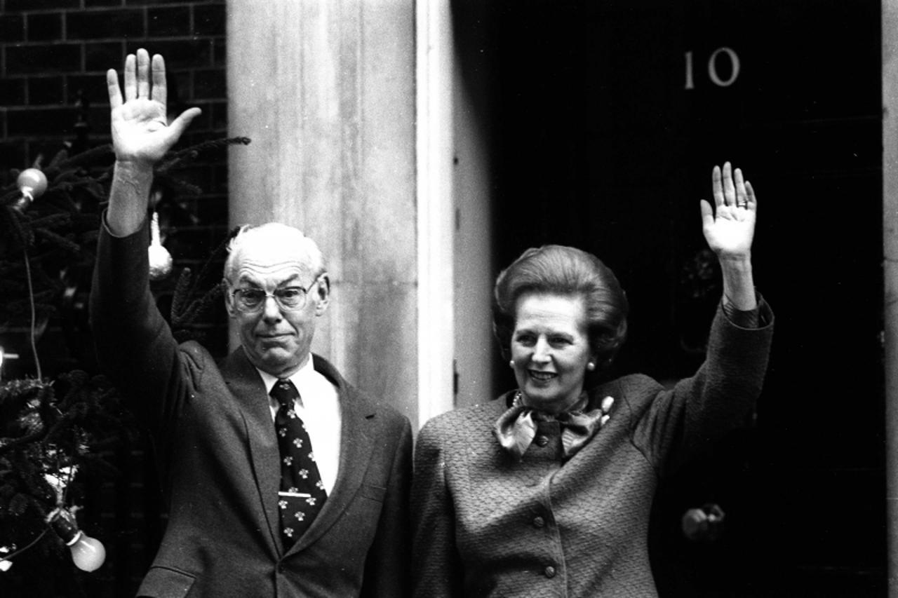 'British Prime Minister Margaret Thatcher and husband Denis Thatcher outside her residence at 10 Downing Street, London in this undated file photo. Former British Prime Minister Margaret Thatcher has 