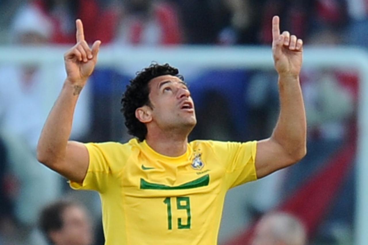 \'Brazilian forward Fred after scoring against Paraguay during a 2011 Copa America Group B first round football match held at the Mario Kempes stadium in Cordoba, 770 Km northwest of Buenos Aires, on 