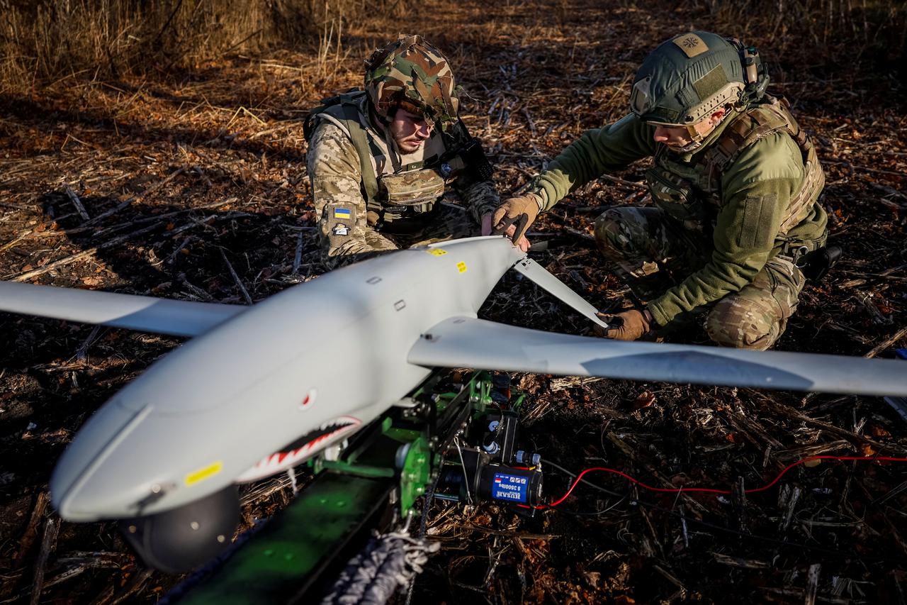 FILE PHOTO: Servicemen prepare the Shark drone for launching in Kharkiv region