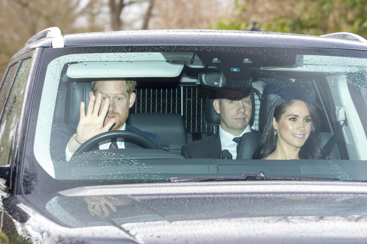 Prince Harry, Duke of Sussex and Meghan, Duchess of Sussex are seen arriving at All Saints Church in Windsor where they attended the Sunday morning service alongside HRH Queen Elizabeth II.