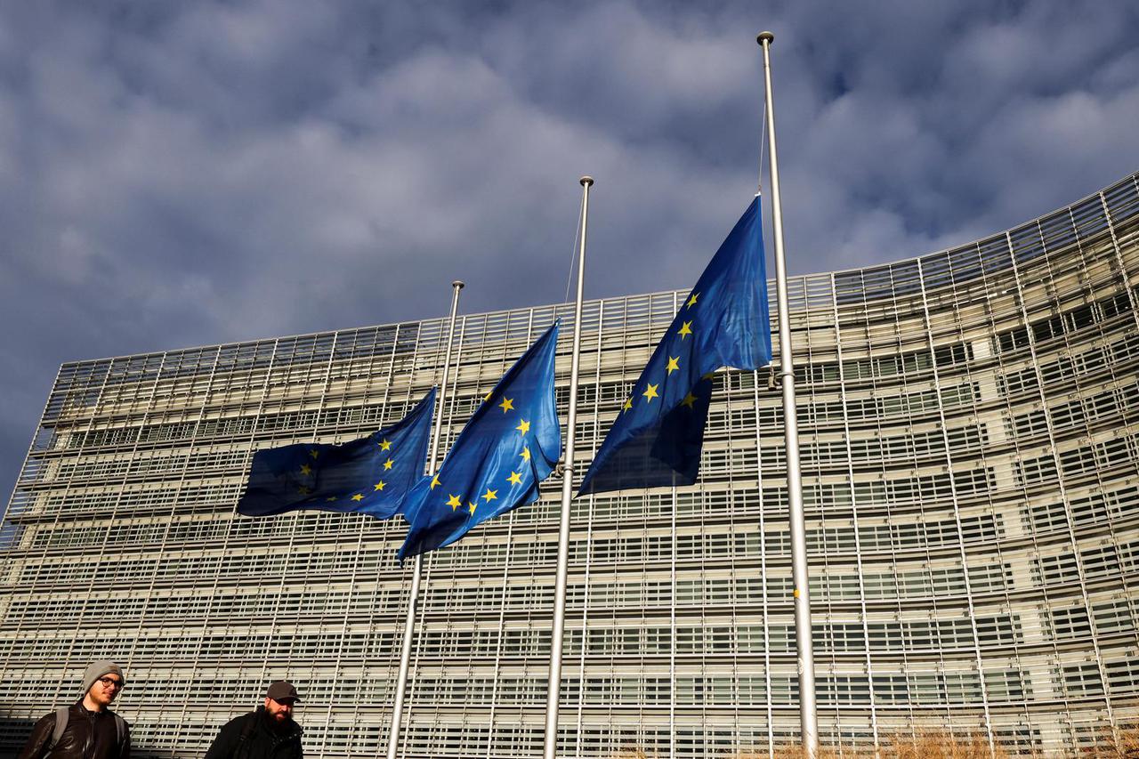 EU flags flutter at half mast in memory of late European Parliament President David Sassoli, in Brussels