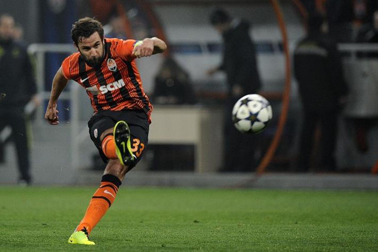 'Darijo Srna of Shakhtar Donetsk scores the 1-0 during the UEFA Champions League round of 16 first leg soccer match between Shakhtar Donetsk and Borussia Dortmund at Donbass Arena in Donetsk, Ukraine,