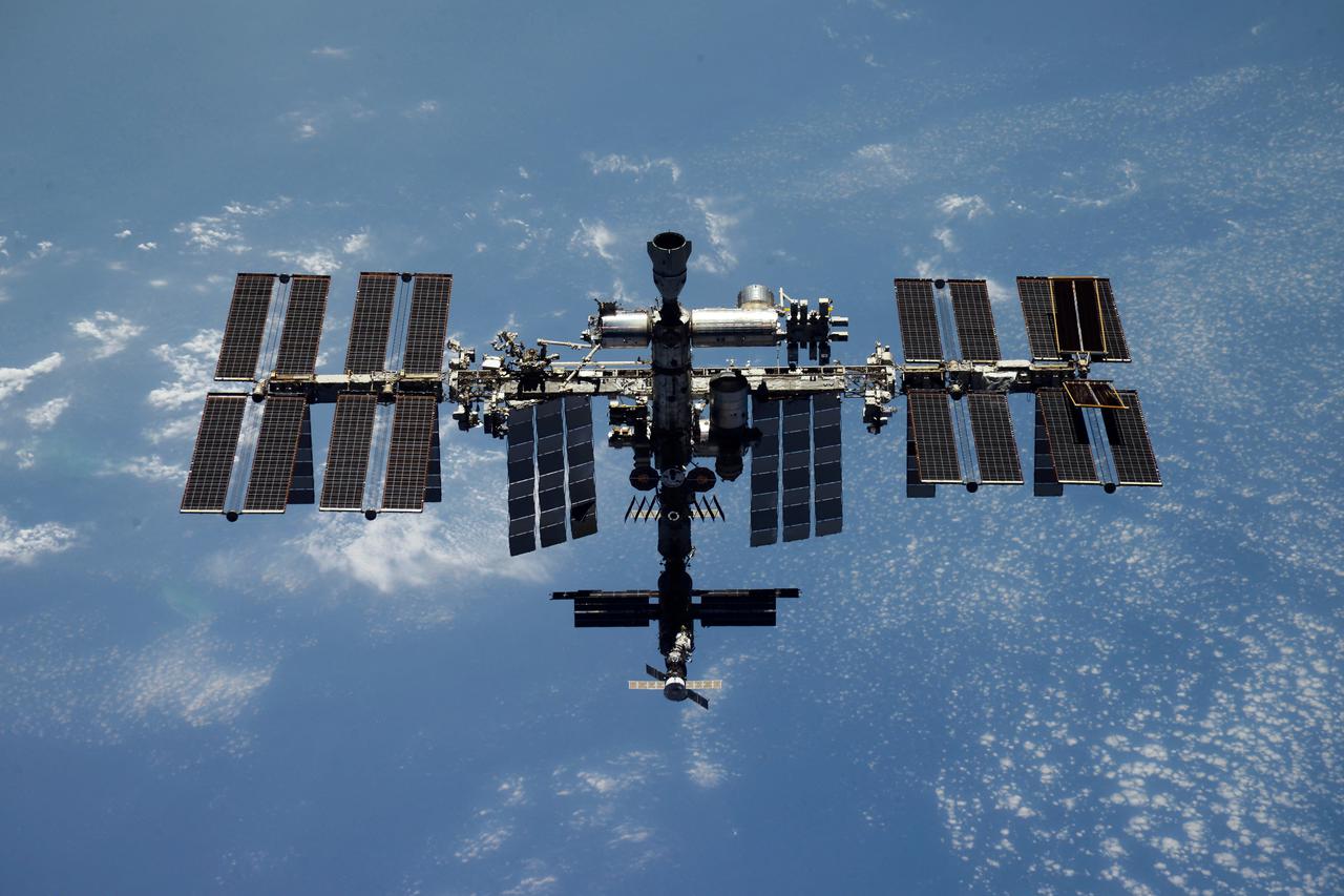 ISS is photographed by Expedition 66 crew member from a Soyuz MS-19 spacecraft
