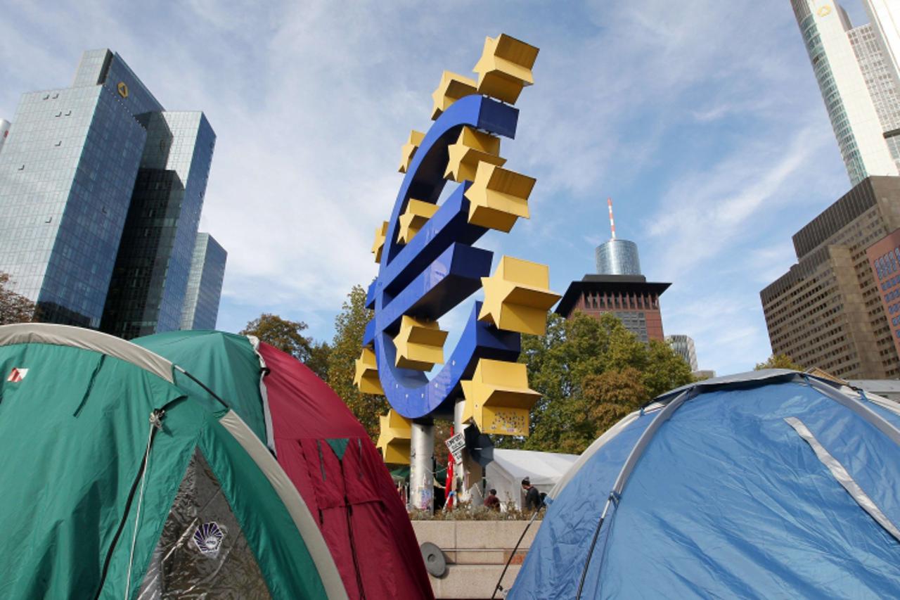 'Demonstrators camp in front of the European Central Bank (ECB), in Frankfurt am Main, Germany, on October 19, 2011. Around 200 people have set up a makeshift village of tents outside the ECB as prote