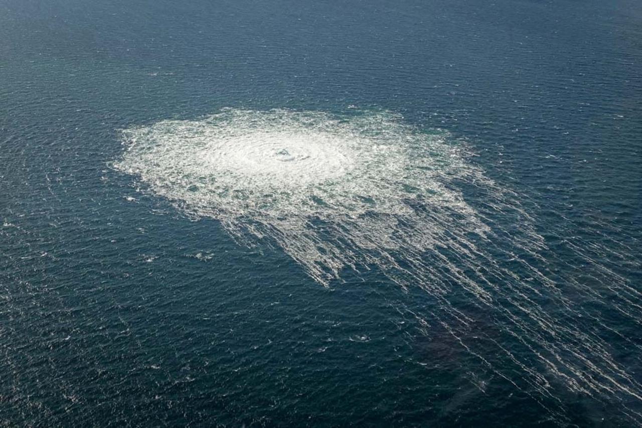 FILE PHOTO: Gas bubbles from the Nord Stream 2 leak reaching surface of the Baltic sea in the area shows disturbance of well over one kilometre  diameter near Bornholm