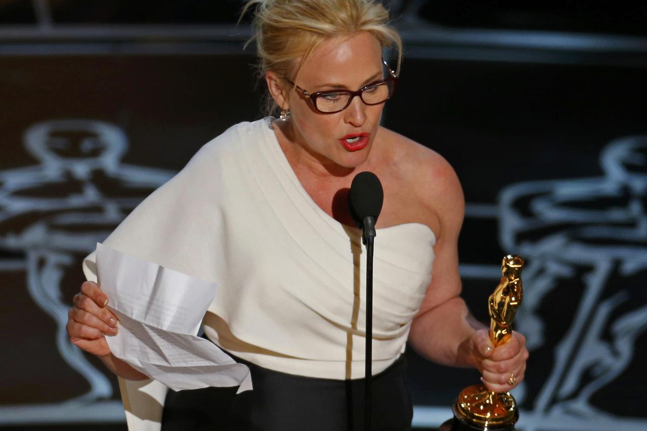 Patricia Arquette speaks after winning the Oscar for Best Supporting Actress for her role in 