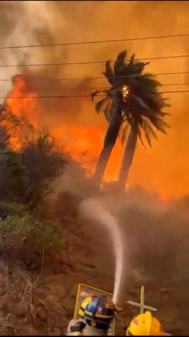 Firefighters work to control a wildfire, in the Valparaiso region, Chile February 3, 2024 in this screen grab from handout video.   Bomberos de Chile/Handout via REUTERS    THIS IMAGE HAS BEEN SUPPLIED BY A THIRD PARTY. MANDATORY CREDIT. NO RESALES. NO ARCHIVES Photo: BOMBEROS DE CHILE/REUTERS