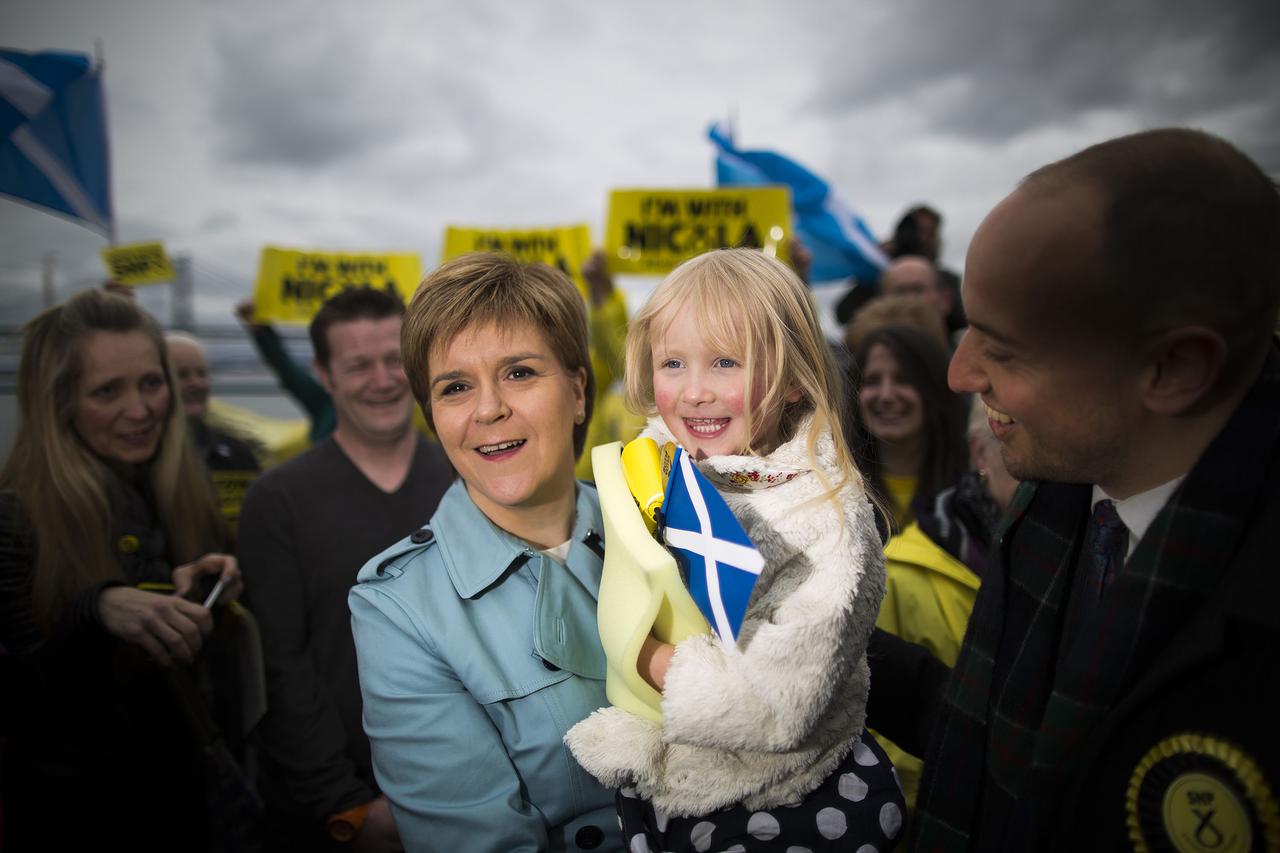 Leader of the SNP Nicola Sturgeon campaigns in South Queensferry, Scotland. She was joined by her local candidate Toni Giugliano and colleagues John Swinney and Stewart Hosie.   Material must be credited 