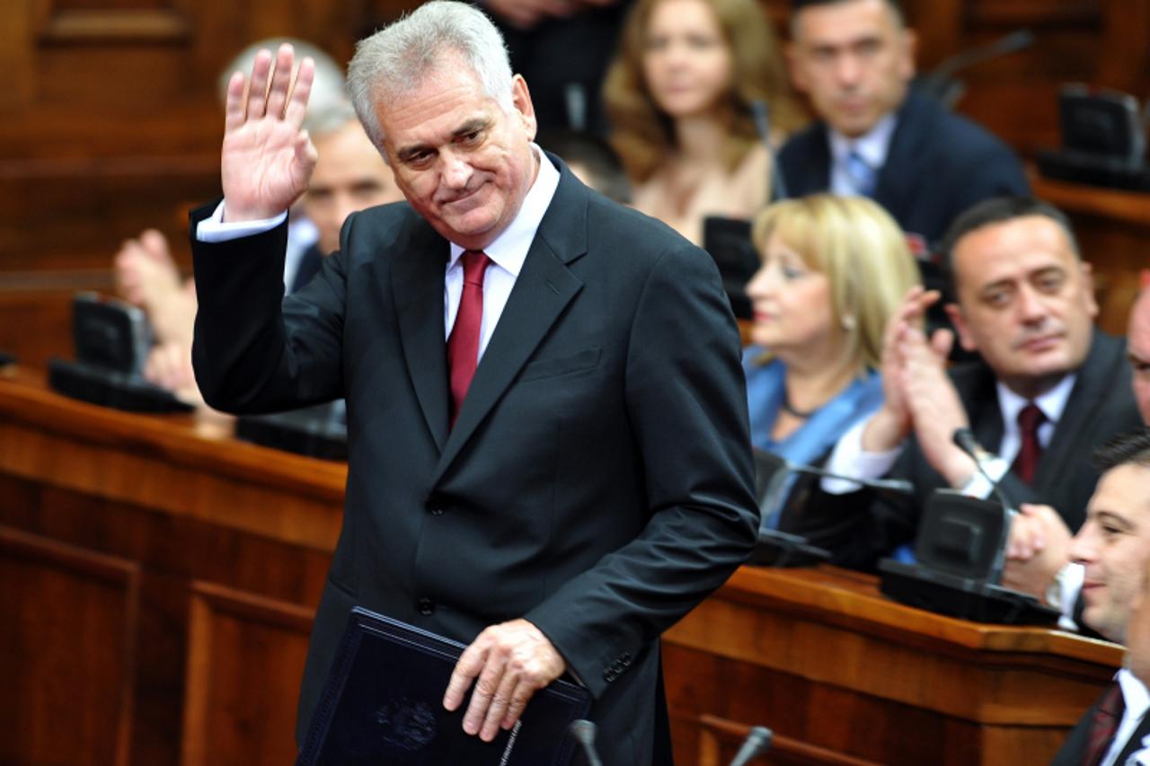 'The new Serbian President Tomislav Nikolic arrives at the National Assembly building to take his oath of office in Belgrade on May 31, 2012. Nikolic, sworn in as Serbian president Thursday, said he w