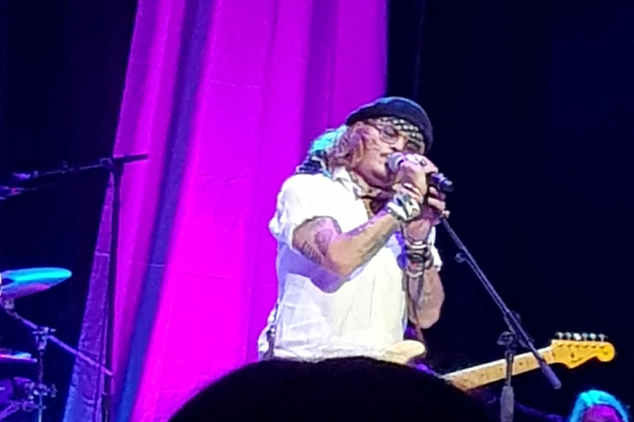 Actor Johnny Depp joins musician Jeff Beck on stage during concert, in Sheffield