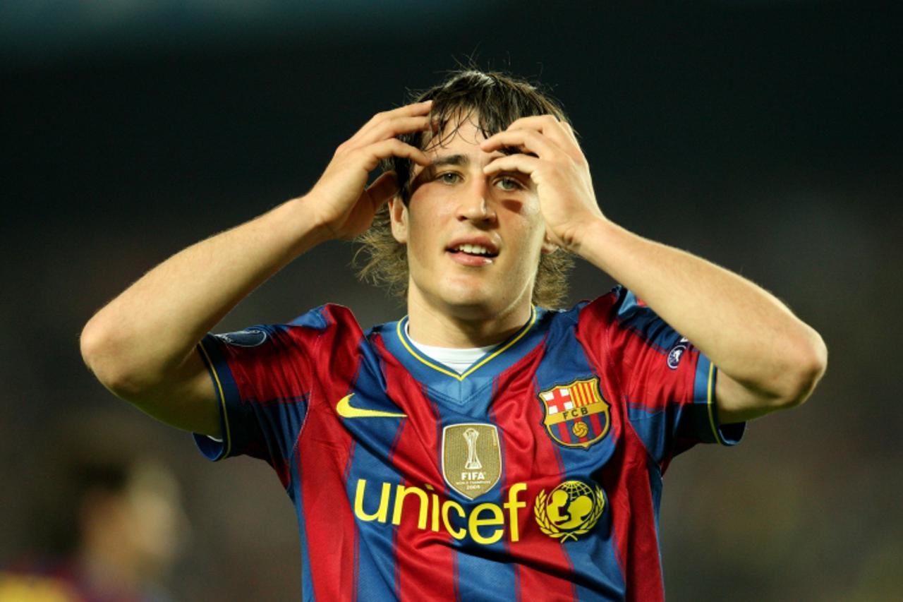 'Barcelona\'s Bojan Krkic reacts to a missed chance at goal as his side struggle against Inter Milan Photo: Press Association/Pixsell'