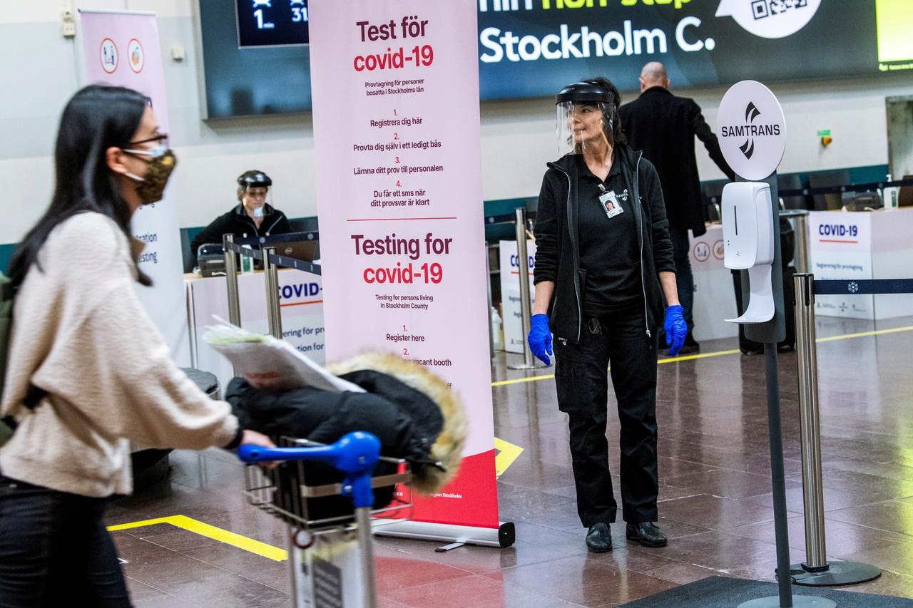Asa Wernsten works at a coronavirus disease (COVID-19) test station for the for arriving passengers at Arlanda airport