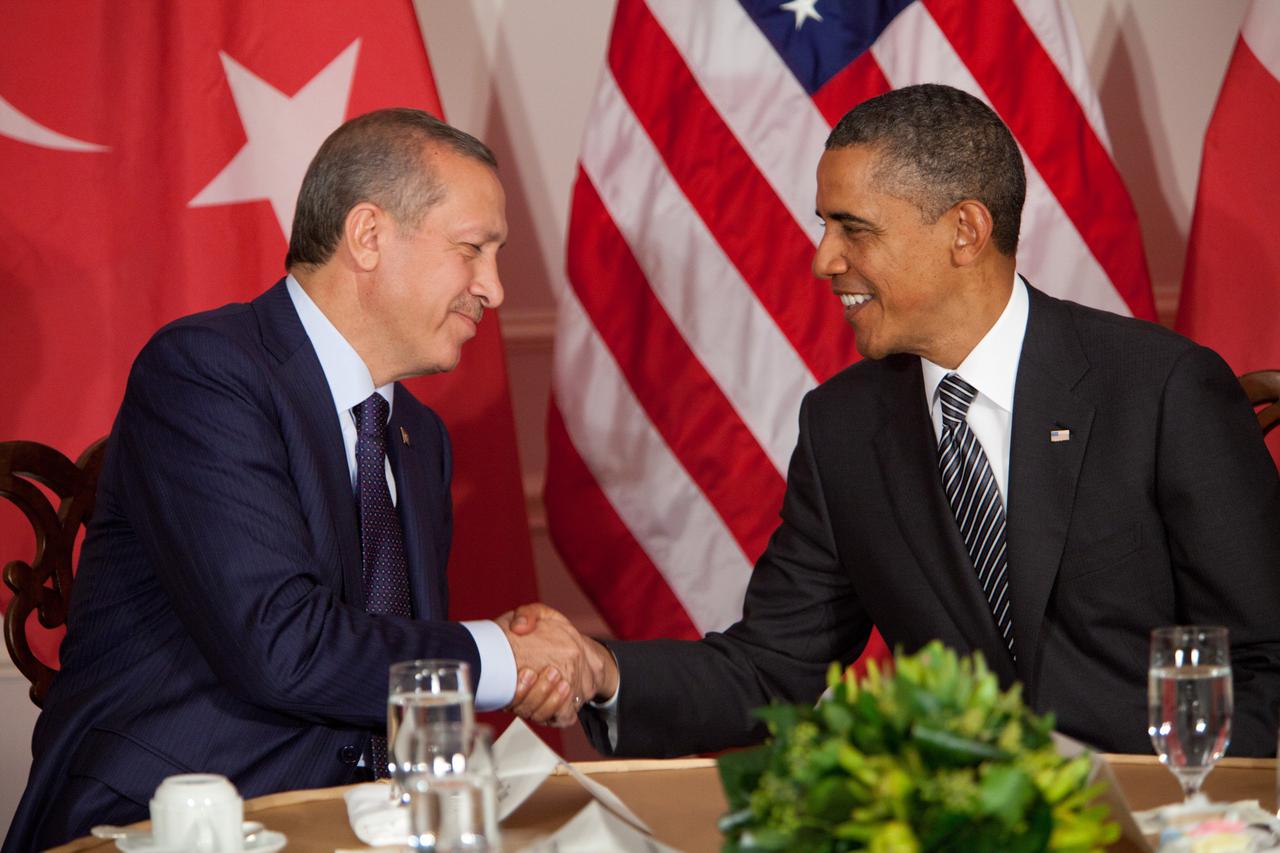 United States President Barack Obama, right, holds a bilateral meeting with Prime Minister Recep Tayyip Erdogan of Turkey, left, and shakes hands at the United Nations General Assembly in New York, New York, on Tuesday, September 20, 2011. Photo: Allan Ta