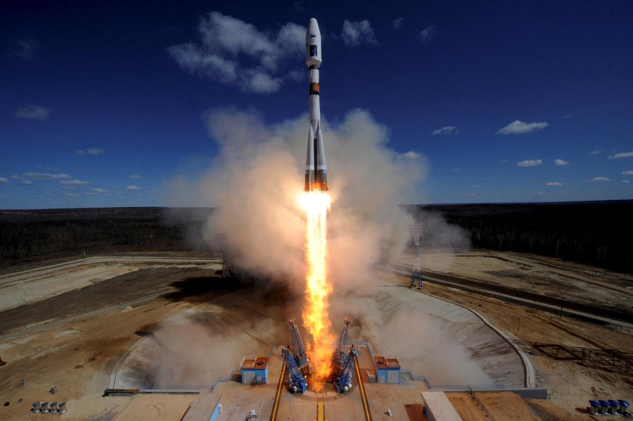 A Russian Soyuz 2.1A rocket carrying Lomonosov, Aist-2D and SamSat-218 satellites lifts off from the launch pad at the new Vostochny cosmodrome outside the city of Uglegorsk, about 200 kms from the city of Blagoveshchensk in the far eastern Amur region, R