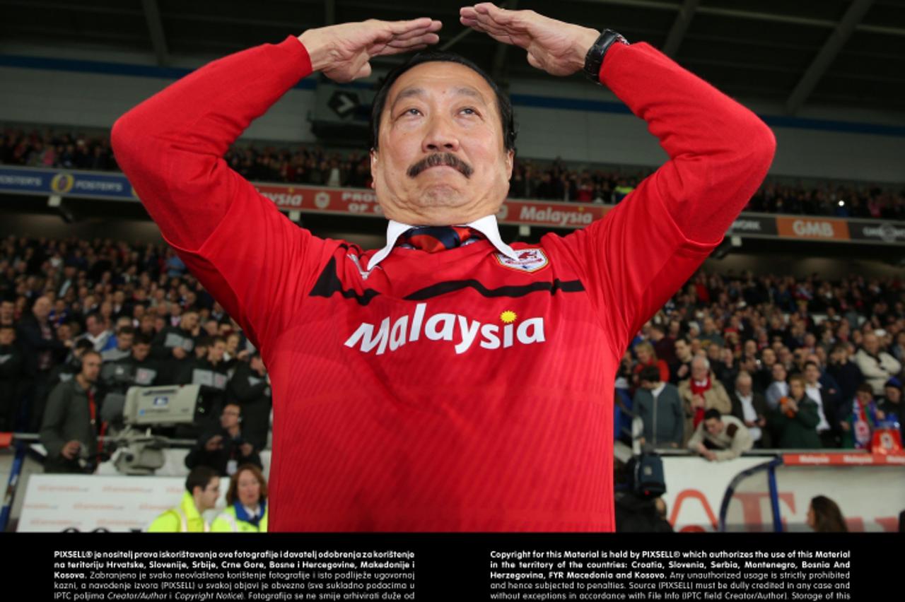 'Cardiff City\'s owner Vincent Tan celebrates gaining promotion to Premier League , during the npower Football League Championship match at the Cardiff City Stadium, Cardiff.Photo: Press Association/P