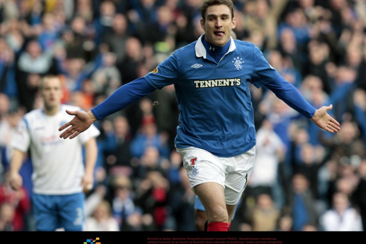 'Rangers Nikica Jelavic celebrates his goal during the Clydesdale Bank Scottish Premier League match at Ibrox, Glasgow. Photo: Press Association/Pixsell'