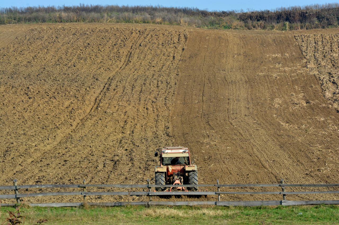 oranje polje traktor zemljište