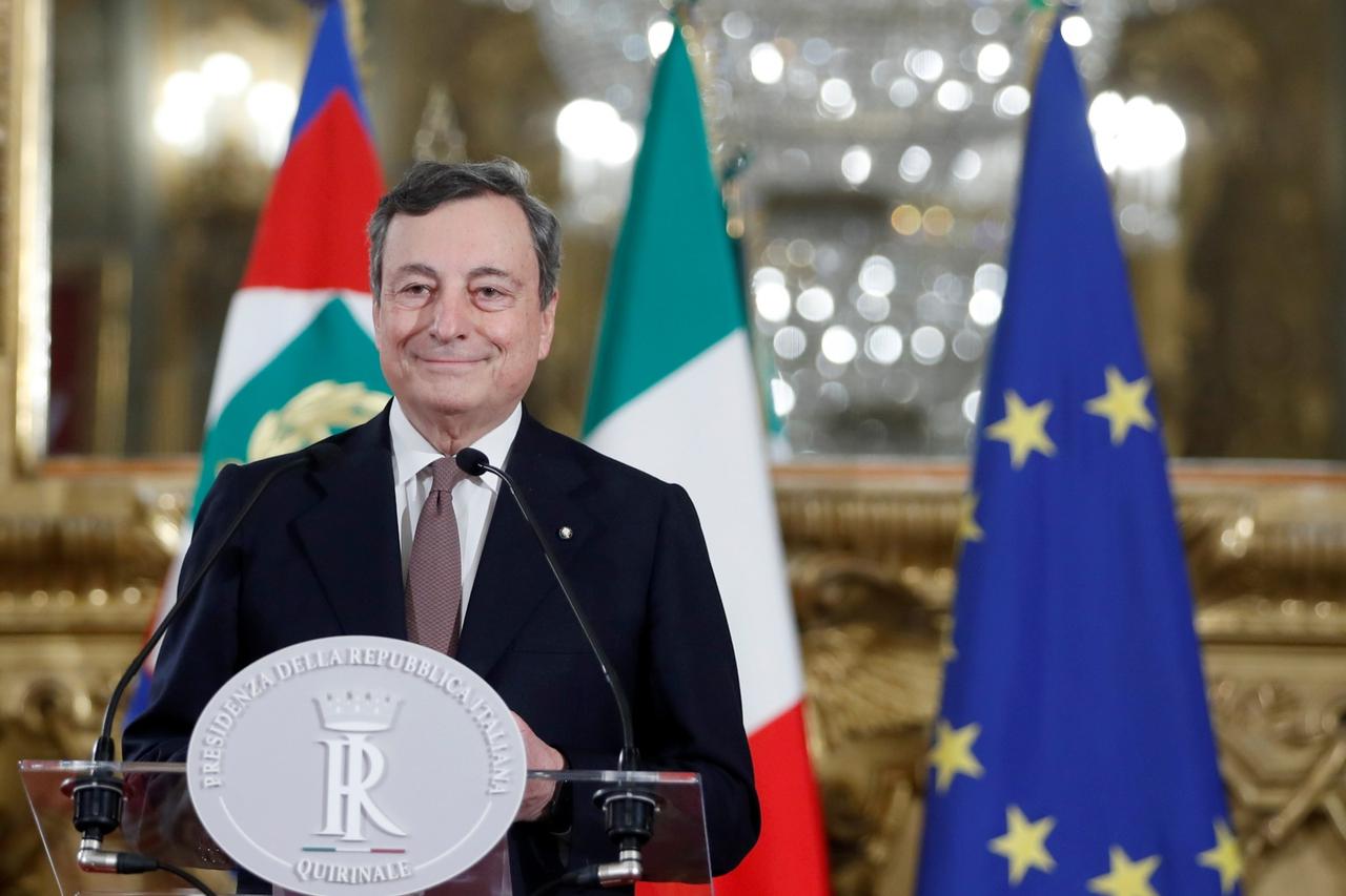 Incoming Italian Prime Minister Mario Draghi speaks to the media after meeting with Italian President Sergio Mattarella, in Rome