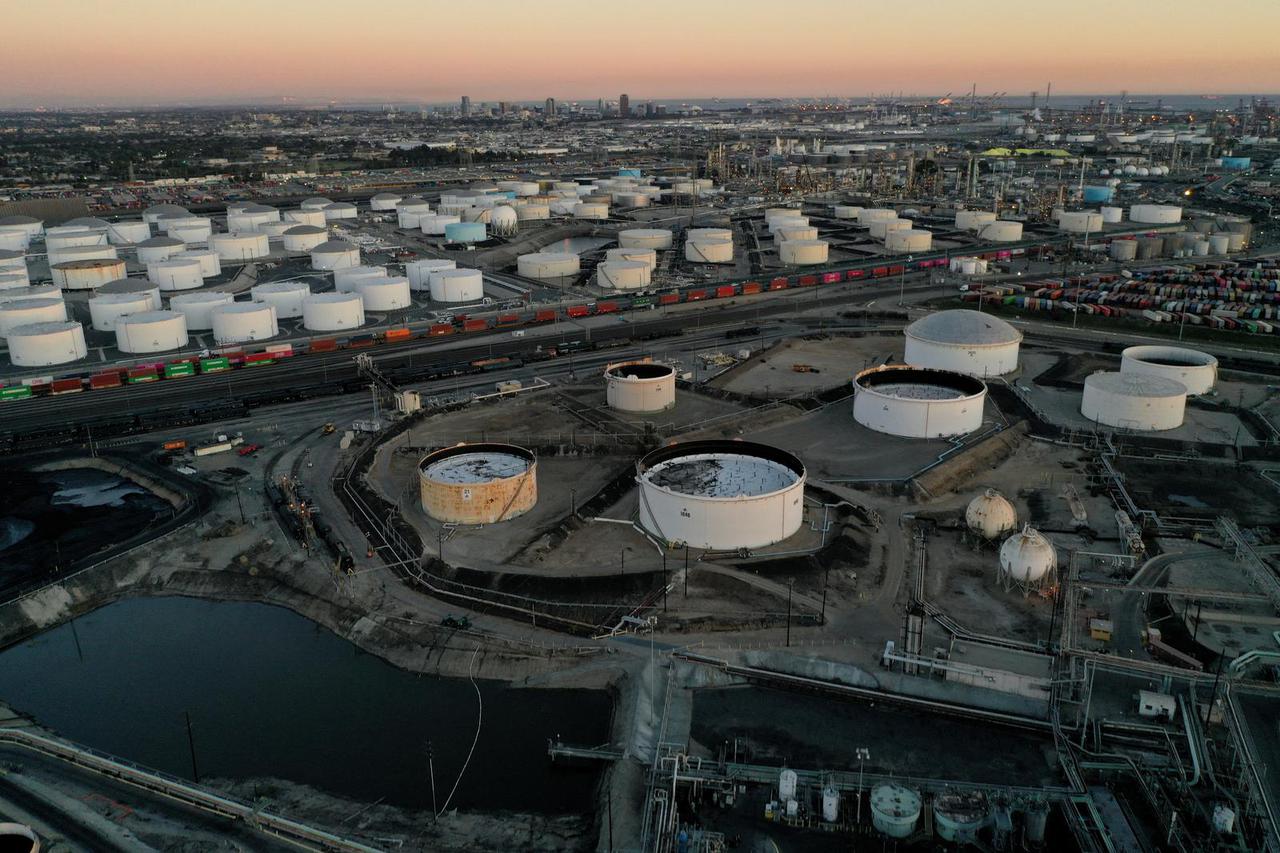 FILE PHOTO: Aerial view of storage tanks at Kinder Morgan Terminal and Phillips 66 Refinery in Carson, California