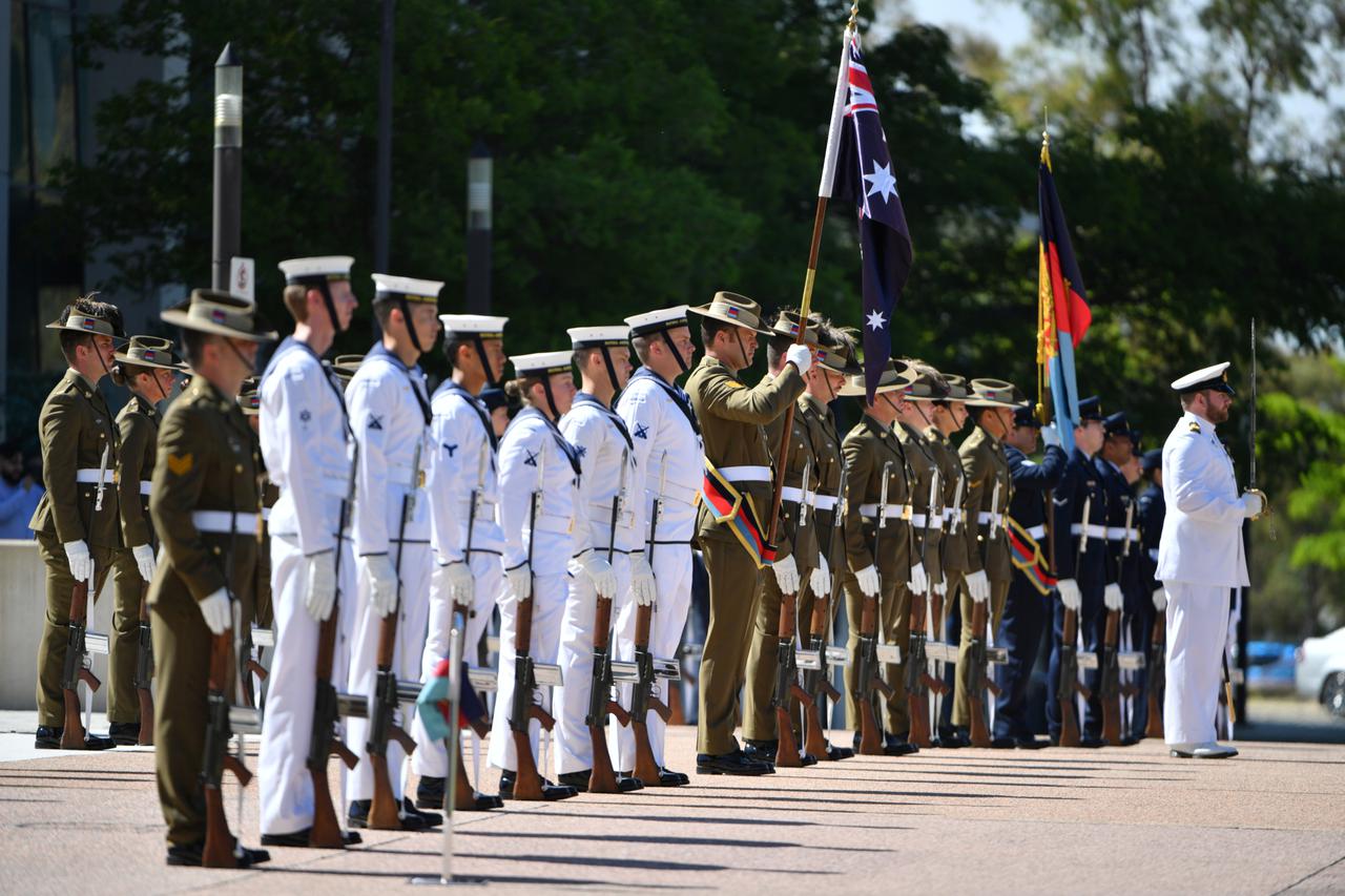 An honour guard is seen at Defence Headquarters in Canberra