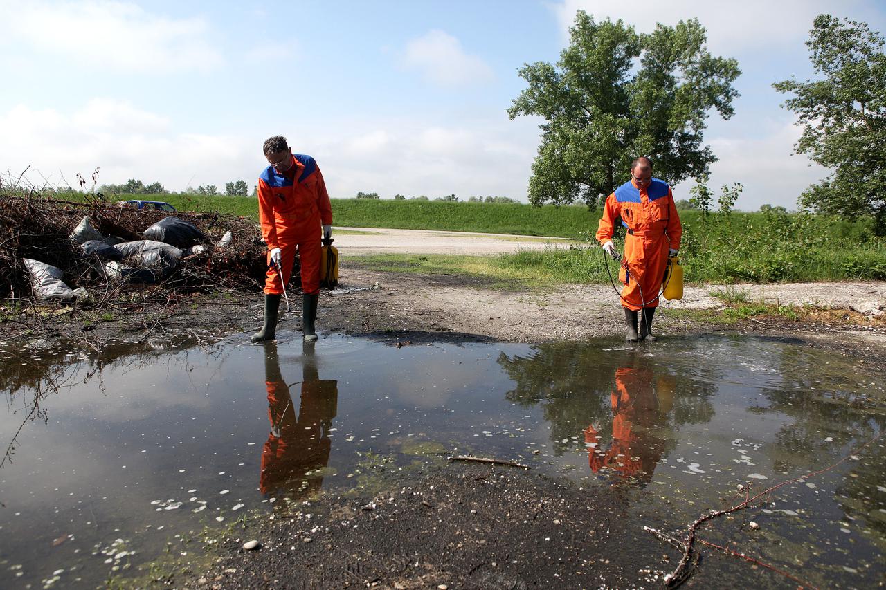 08.05.2013., Zagreb - Radnici tvrtke Eko deratizacija poceli su danas unistavanje komaraca na jezeru Jarun. Zbog vremenskih uvjeta ove godine broj komaraca uz vlazna podrucja je jako veliki. Photo: Patrik Macek/PIXSELL