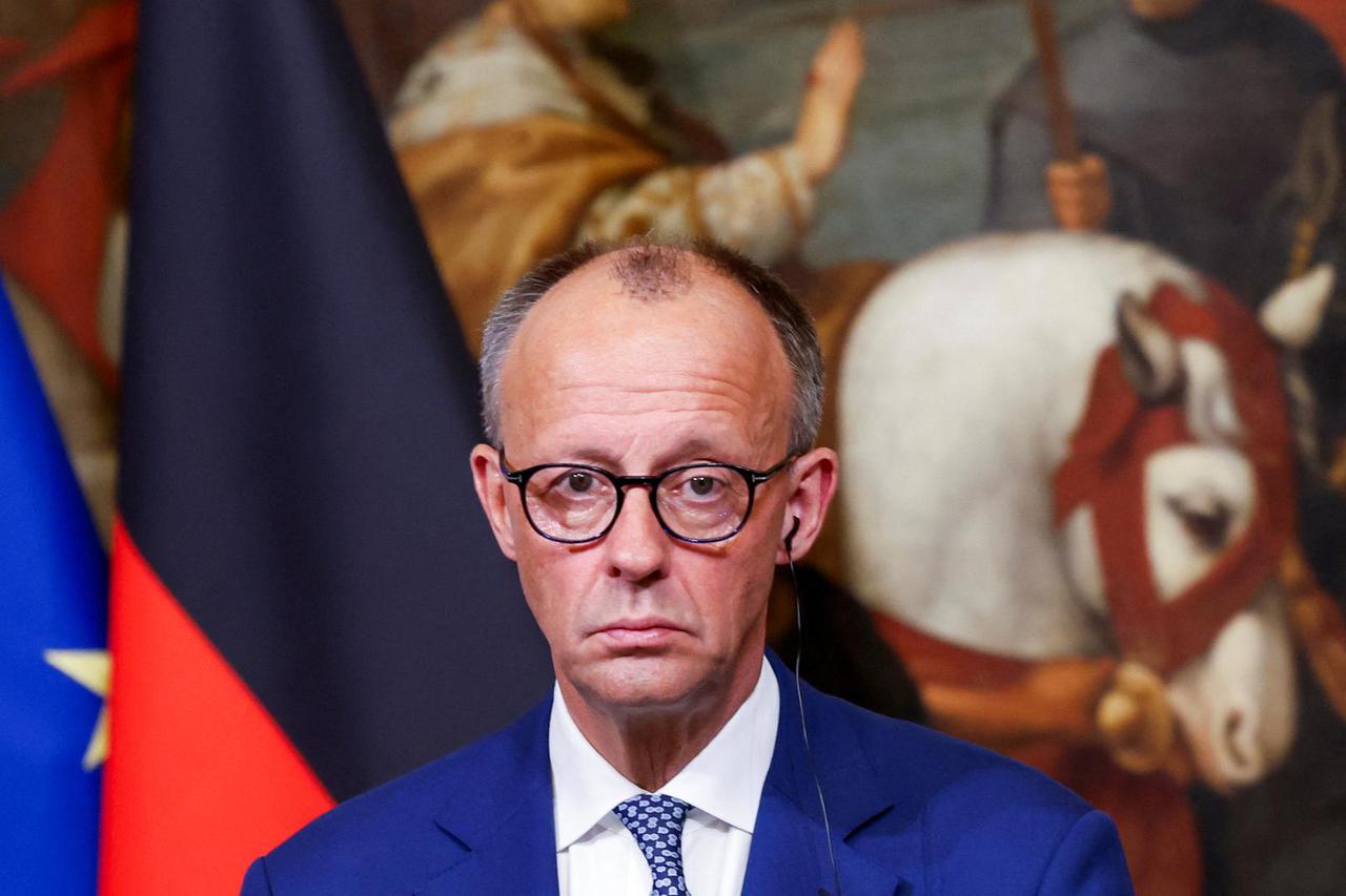 Italian PM Meloni and German Chancellor Merz attend a press conference, in Rome