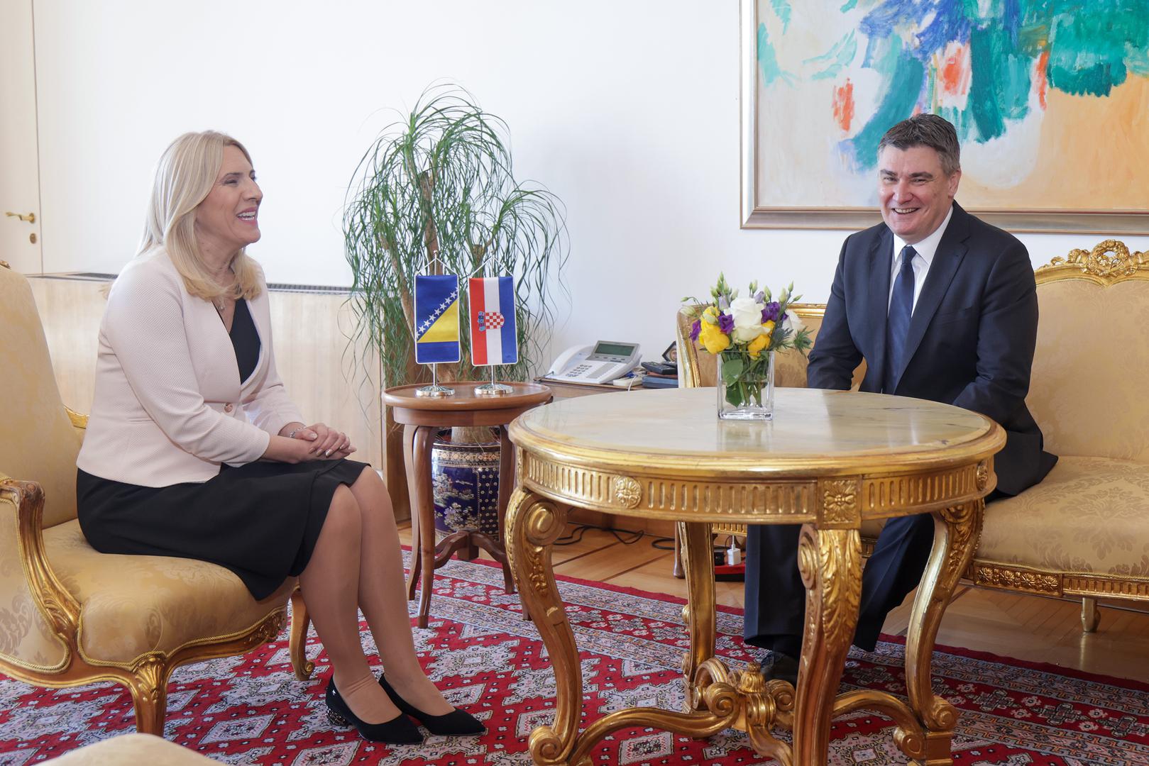 16.03.2023., Ured predsjednika Republike Hrvatske, Zagreb - Predsjednik Republike Hrvatske Zoran Milanovic docekao je predsjedateljicu Predsjednistva Bosne i Hercegovine Zeljku Cvijanovic. Photo: Luka Stanzl/PIXSELL