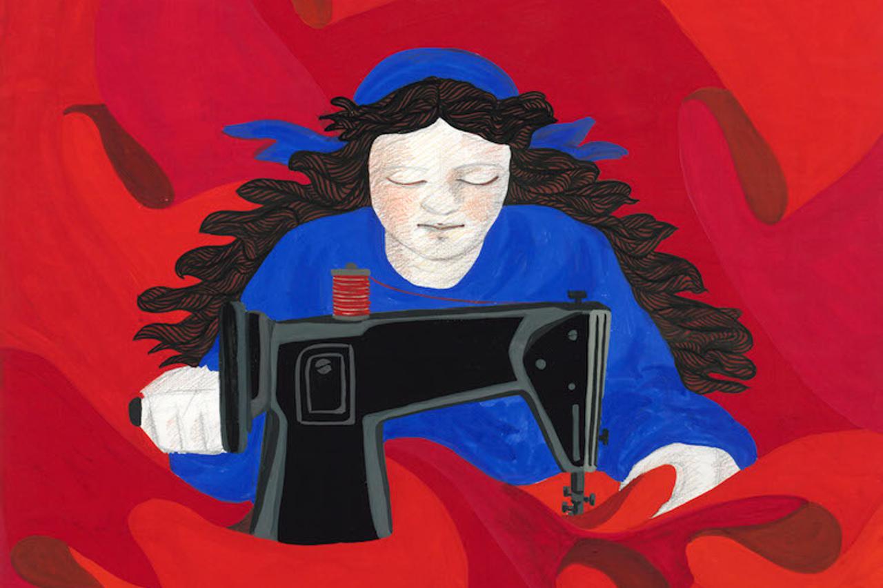 Gülsün Karamustafa Slika “Žena šije beskrajnu crvenu zastavu na šivaćoj mašini” nastala za prvomajski plakat 1977.