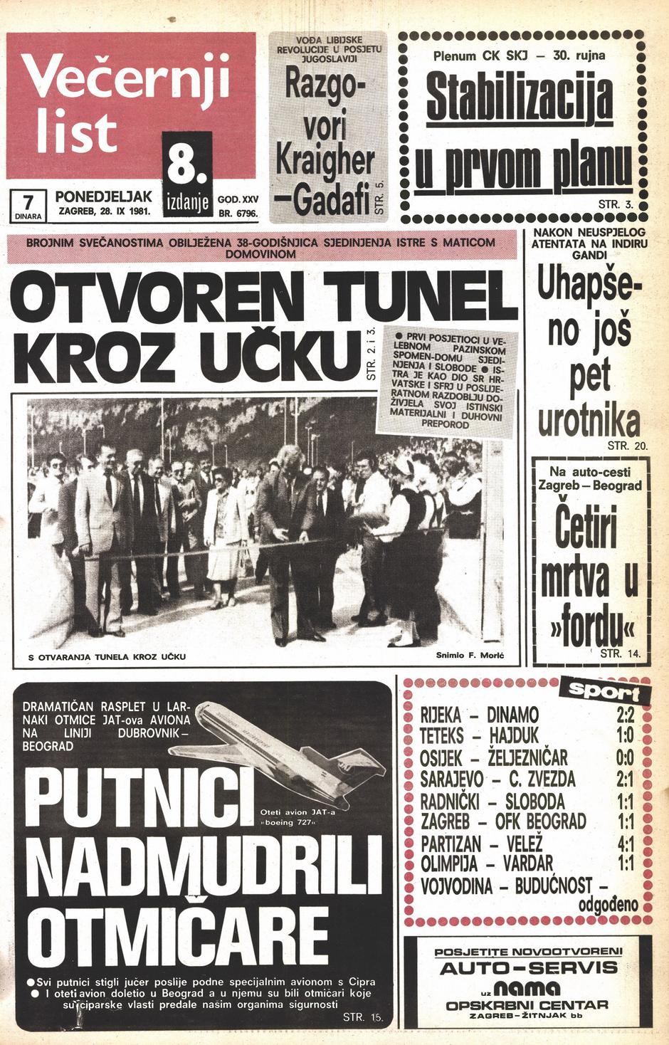 Naslovnica Večernjeg lista iz 1978.