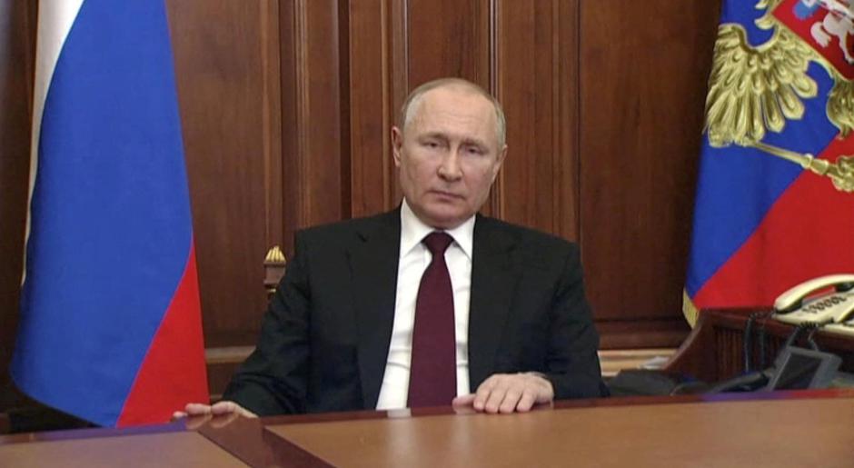 FILE PHOTO: Russian President Vladimir Putin delivers a video address to the nation in Moscow