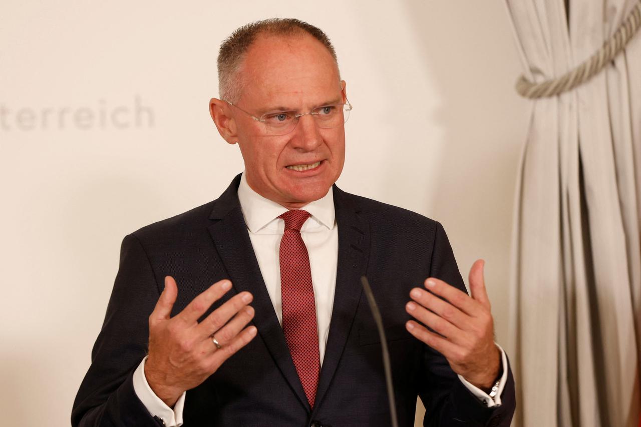Austrian Interior Minister Gerhard Karner attends a news conference in Vienna