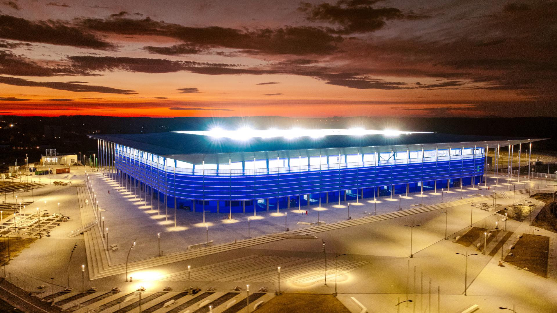 24.03.2023., Osijek - Pogled iz zraka na osvijetljeni novi stadion NK Osijeka na Pampasu. Photo: Davor Javorovic/PIXSELL