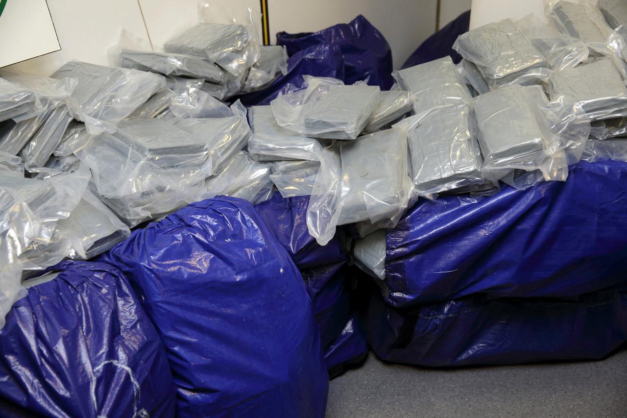 FILE PHOTO: Part of the 1.4 tonnes of cocaine seized by police is displayed at Nanterre police headquarters