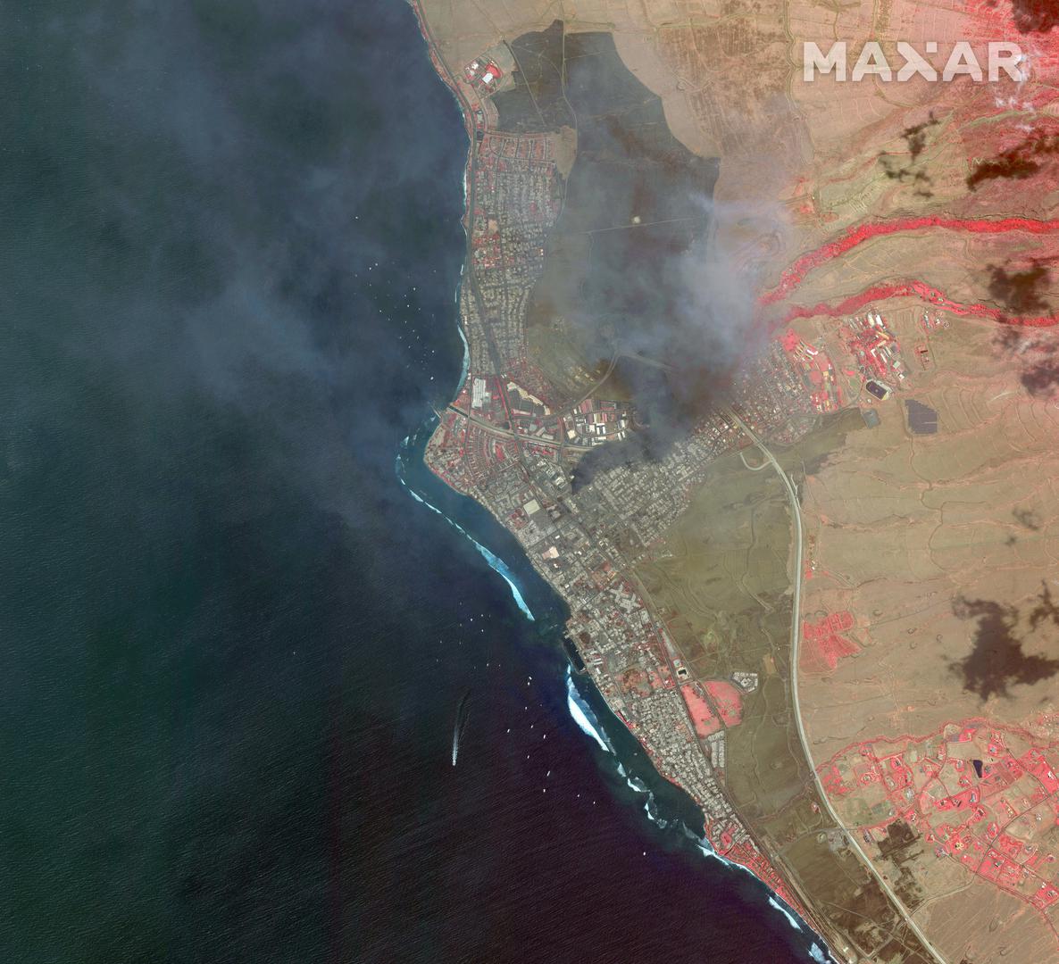 A satellite image shows an infrared overview of wildfires in Lahaina, Maui County, Hawaii, August 9, 2023. Maxar Technologies/Handout via REUTERS THIS IMAGE HAS BEEN SUPPLIED BY A THIRD PARTY. NO RESALES. NO ARCHIVES. DO NOT OBSCURE LOGO. MANDATORY CREDIT Photo: MAXAR TECHNOLOGIES/REUTERS