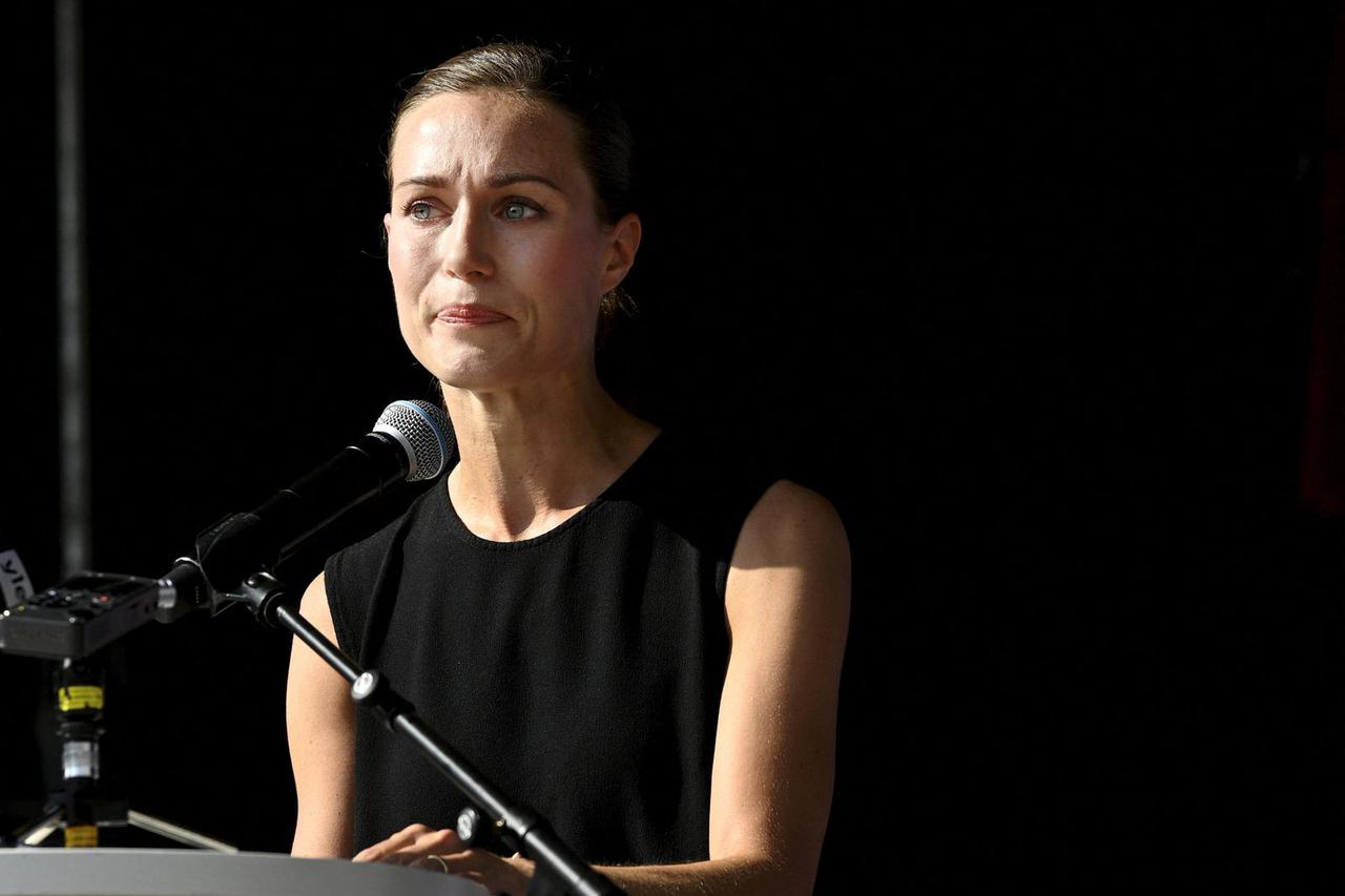 Finnish Prime Minister Sanna Marin reacts during a meeting of Social Democratic Party in Lahti