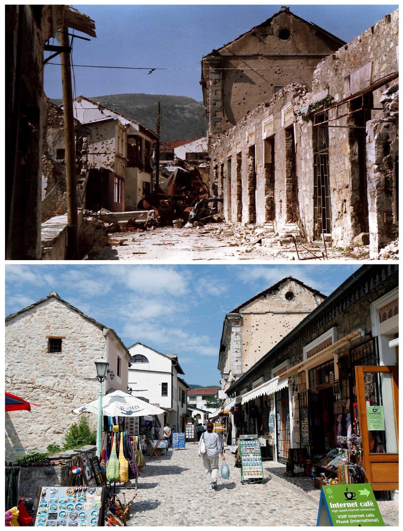 Stari grad u Mostaru 1994. i ista ulica 2011. godine