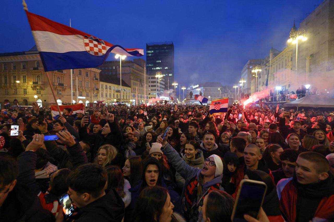 Croatian players celebrate their third place finish at EHF 2026 Men's Handball Championship, in Zagreb