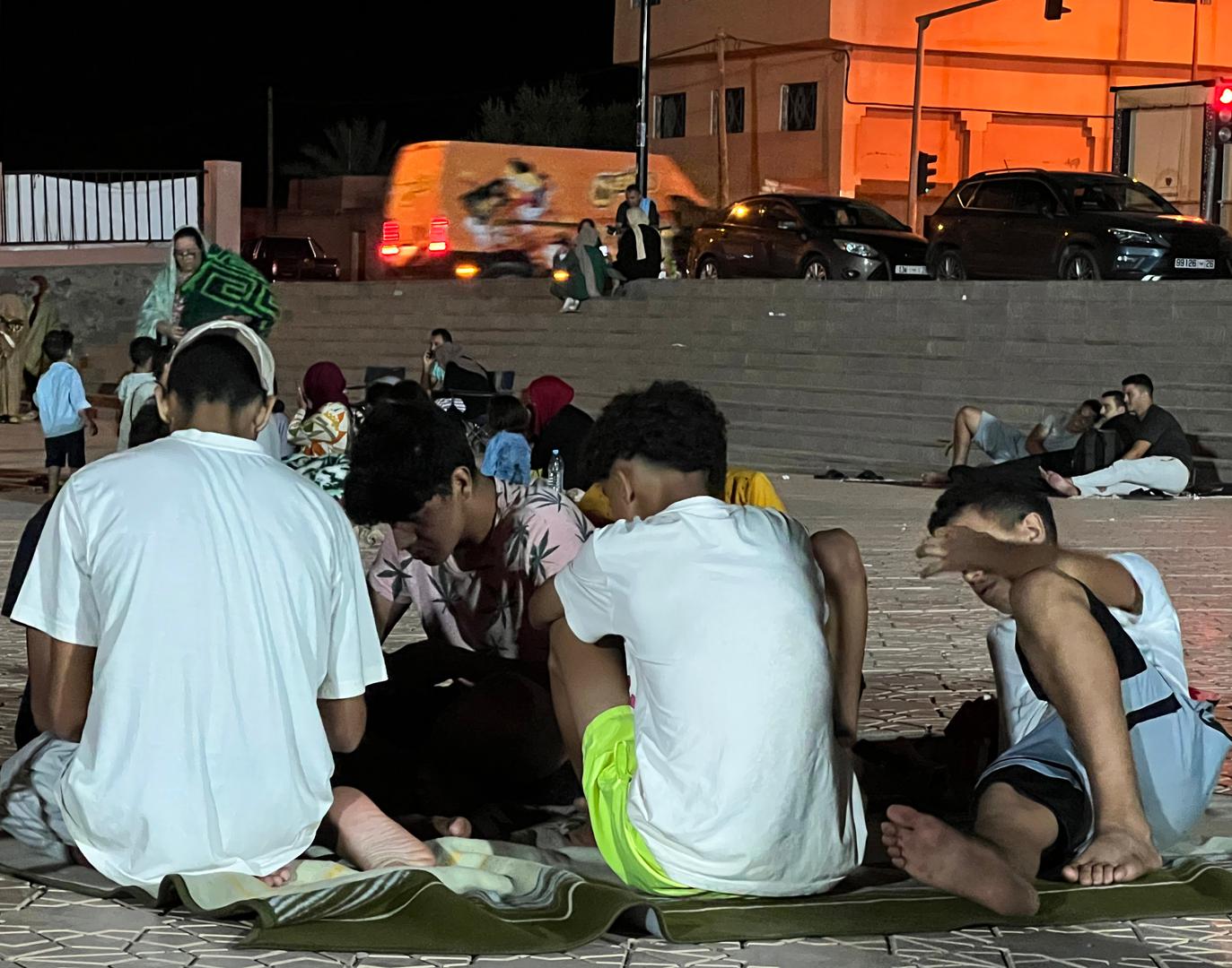 (230909) -- OUARZAZATE, Sept. 9, 2023 (Xinhua) -- This photo taken with a mobile phone shows residents taking shelter at an open space after an earthquake in Ouarzazate, Morocco, Sept. 9, 2023. The death toll from a strong earthquake that struck Morocco Friday night has risen to 296, the country's Interior Ministry said. (Xinhua/Wang Dongzhen) Photo: Wang Dongzhen/XINHUA