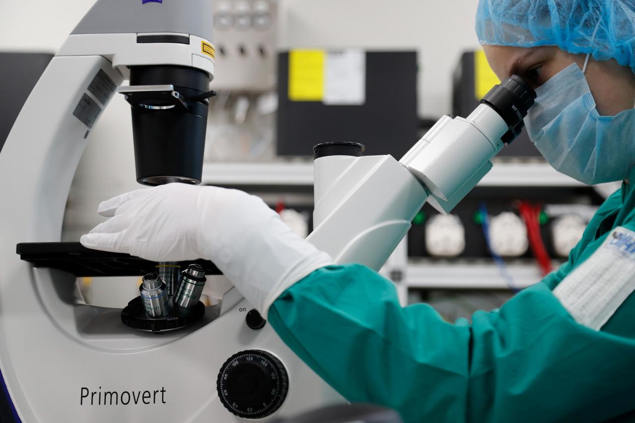 A scientist examines COVID-19 infected cells during research for a vaccine against the coronavirus disease at a laboratory in Saint Petersburg