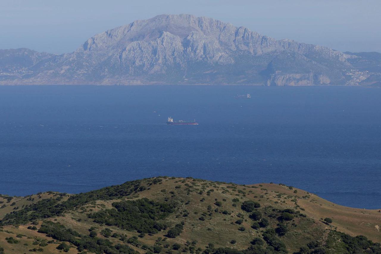 FILE PHOTO: A view of cargo and tankers ships sailing in the Strait of Gibraltar pictured from a tourist lookout in Tarifa