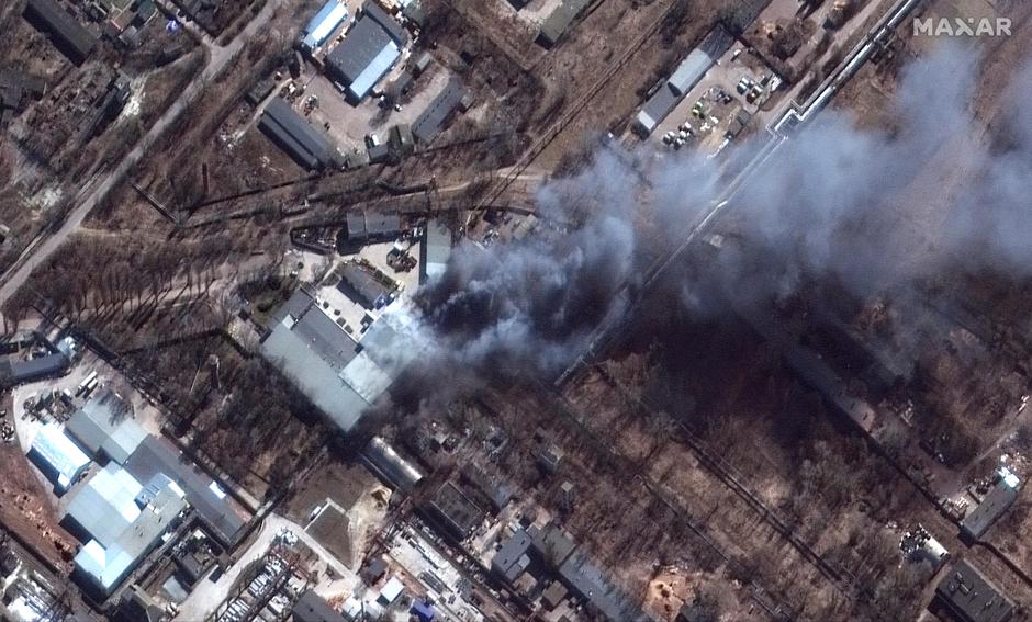 A satellite image shows a close up view of fires in an industrial area, in southern Chernihiv