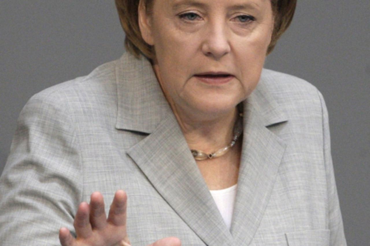 'German Chancellor Angela Merkel delivers her government statement during a session of the Bundestag, the lower house of parliament, in Berlin, July 2, 2009. Merkel said on Thursday she wanted next we
