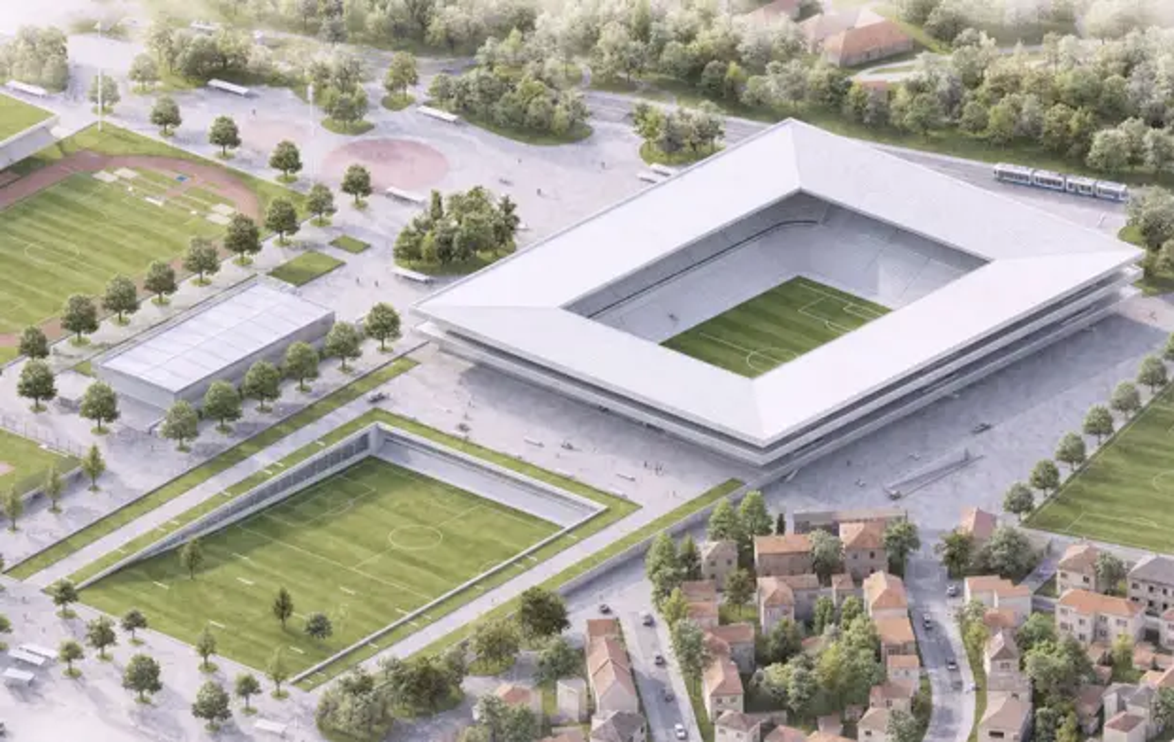 Uzdužna otvorenost tribinske zdjele glavni je prostorni motiv stadiona. Kontinuirana donja zdjela nadopunjena je višim tribinama samo na istočnoj i zapadnoj strani, dok otvoreni sjeverni i južni završeci uspostavljaju vizualnu vezu s Maksimirskom šumom. Bijeli, horizontalno slojeviti volumen djelomično je ukopan i pristupa mu se postupnim usponom kroz javni krajobraz.