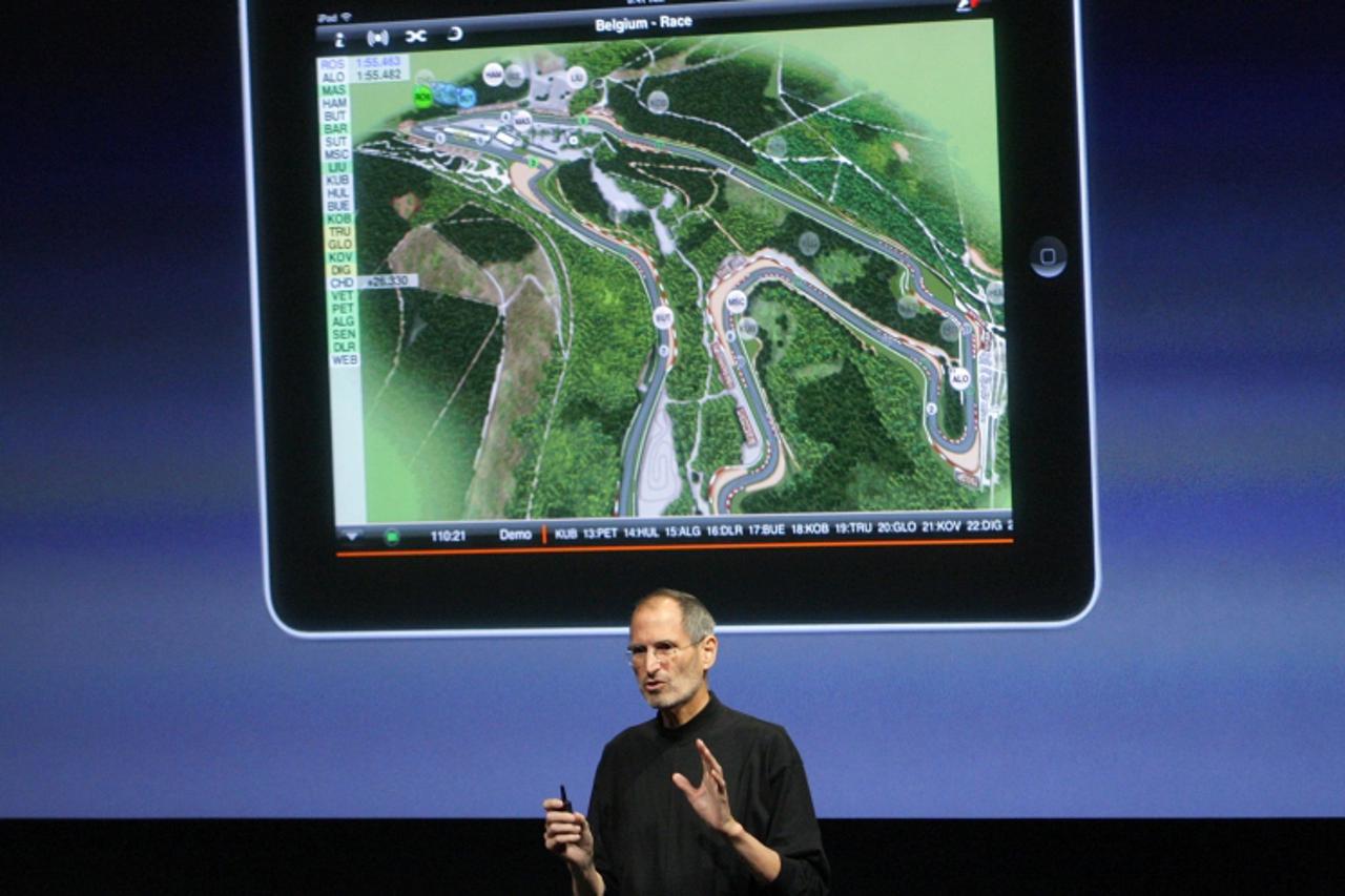 'Apple Inc. CEO Steve Jobs speaks about an application for the iPad at a special event at Apple headquarters in Cupertino, California April 8, 2010.     REUTERS/Robert Galbraith (UNITED STATES - Tags: