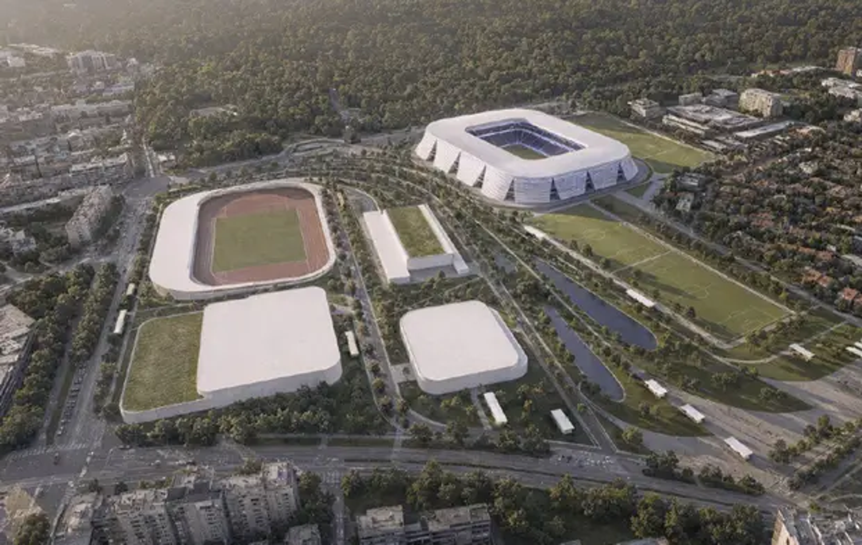 Stadion je oblikovan kao zaobljeni, horizontalni volumen obavijen perforiranom aluminijskom ovojnicom koja prati sustav zategnutih kabela usidrenih u tlo. Ovoj se vanjskoj konstrukciji pridružuje polunatkriveni ophodni prostor između pročelja i tribinske zdjele, otvoren prema parku i sportskom kompleksu.