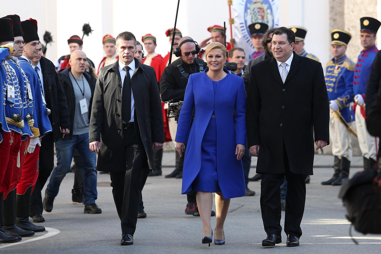 15.02.2015., Zagreb - Nakon svecane inauguracije izabrana predsjednica Kolinda Grabar-Kitarovic u pratnji supruga Jakova i uzvanika napustila je Markov trg i krenula pjeske prema palaci Dverce gdje ce se odrzati svecani domjenak.  Photo: Anto Magzan/PIXSE