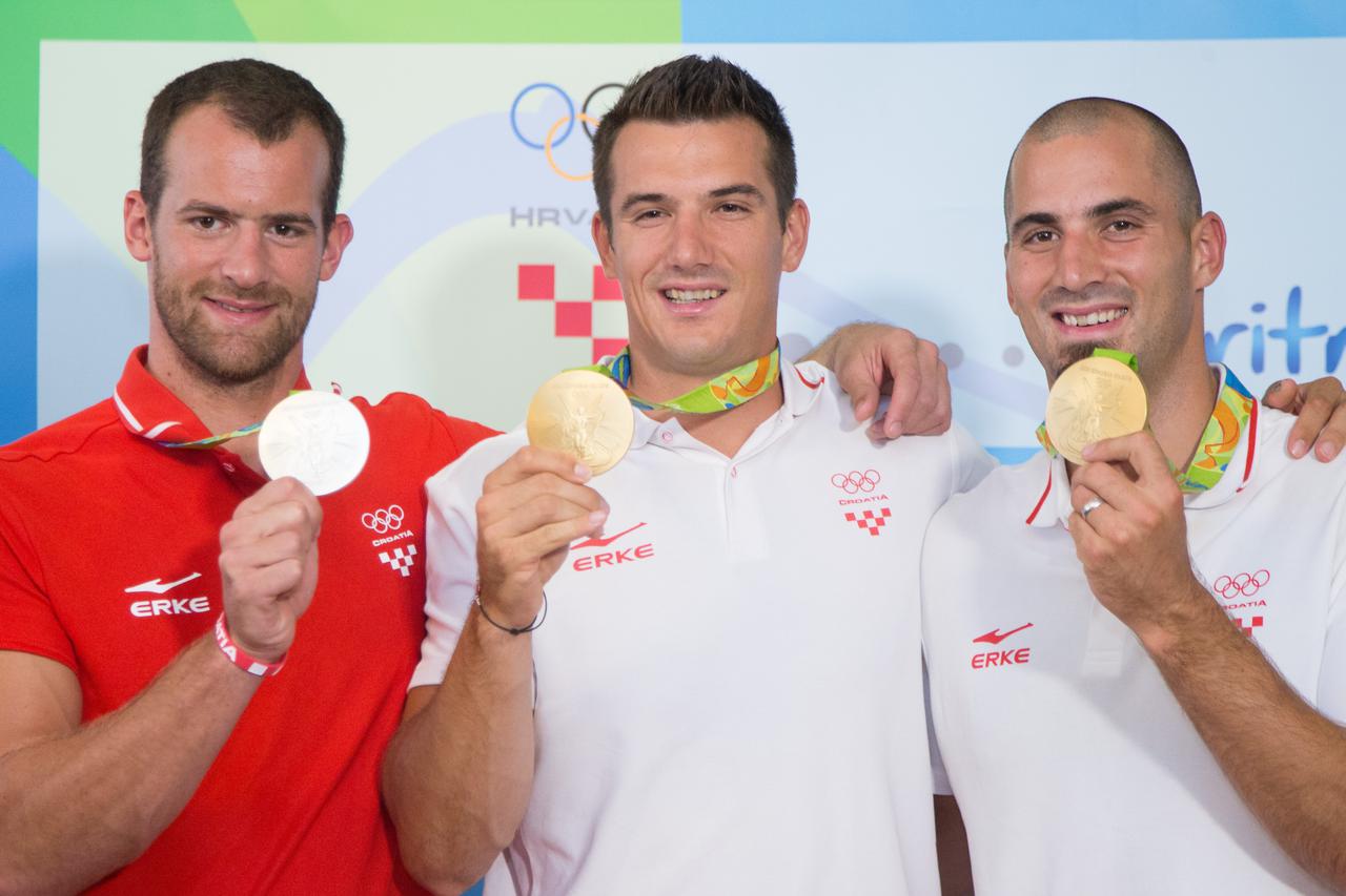 24.08.2016., Zagreb -  Svecani docek hrvatskih olimpijaca u Zracnoj luci Zagreb. Damir Martin, Martin Sinkovic, Valent Sinkovic. Photo: Davor Puklavec/PIXSELL