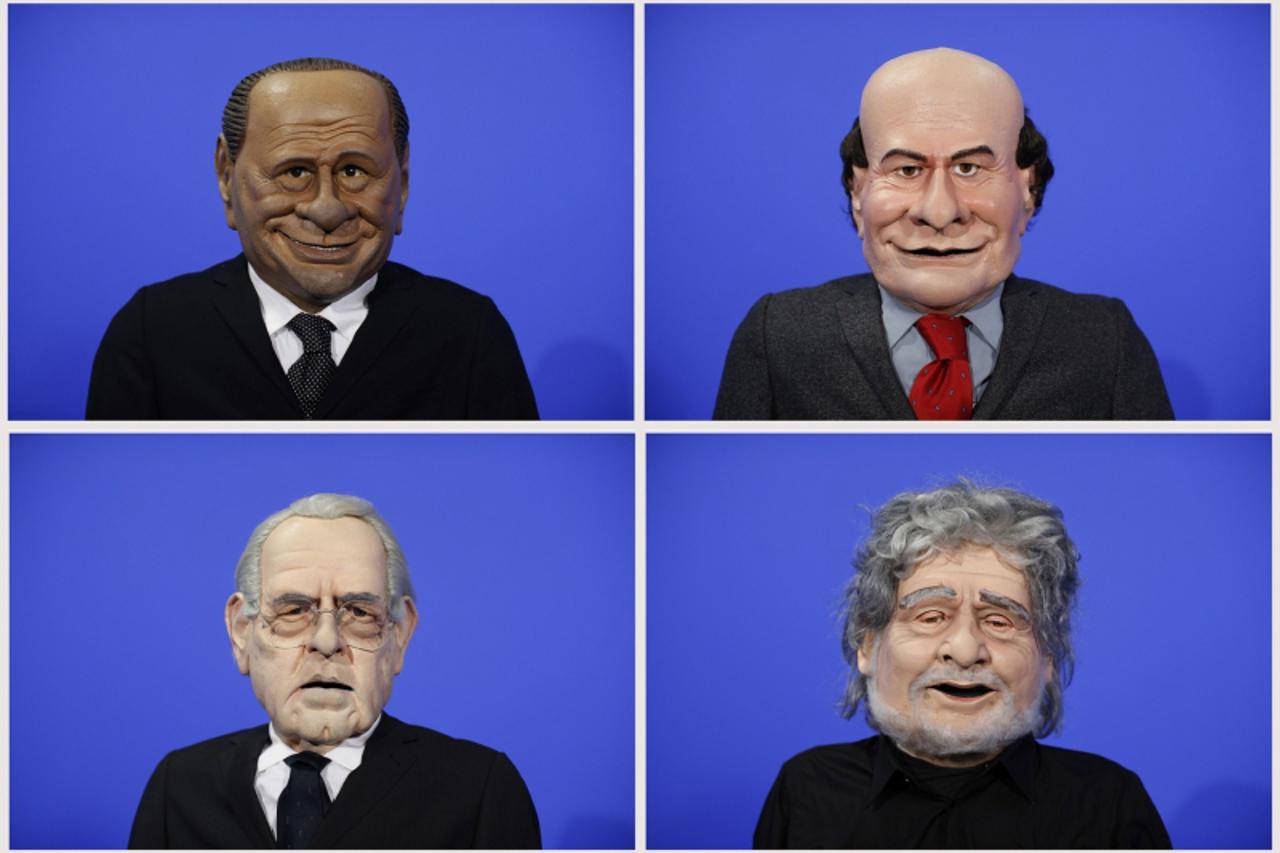 'A combination photo shows puppets of Italian politicians (clockwise, from L to R) Silvio Berlusconi, Pier Luigi Bersani, Beppe Grillo, Mario Monti during the filming of a television show in Rome Febr