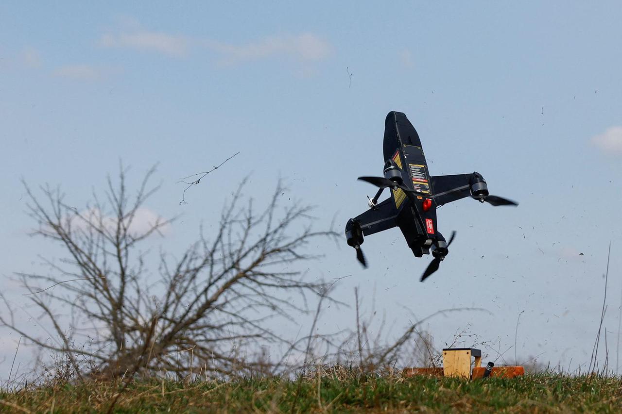 Strila FPV interceptor drone takes off a test ground in an undisclosed location in Ukraine