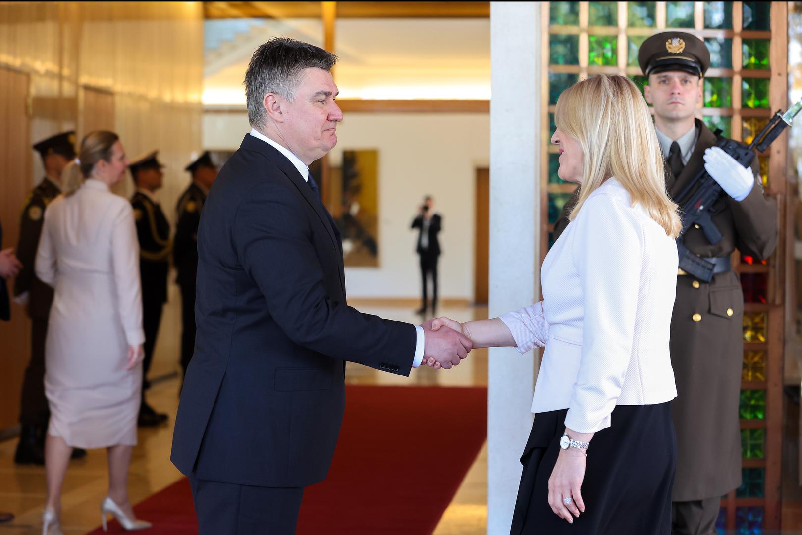 16.03.2023., Ured predsjednika Republike Hrvatske, Zagreb - Predsjednik Republike Hrvatske Zoran Milanovic docekao je predsjedateljicu Predsjednistva Bosne i Hercegovine Zeljku Cvijanovic. Photo: Luka Stanzl/PIXSELL